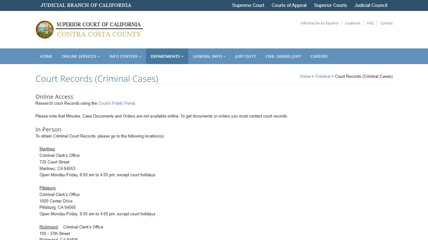 Criminal Court - Records: Contra Costa Superior Court - cc-courts.org